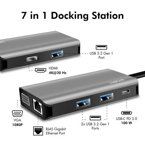USB-C-dockningsstation 7-i-1 HDMI/VGA/RJ45/USB-C 100W PD - Image 3