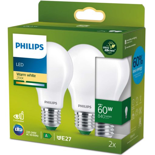 2-pack LED E27 Normal 4W (60W) Frostad 840lm 2700K Energiklass A