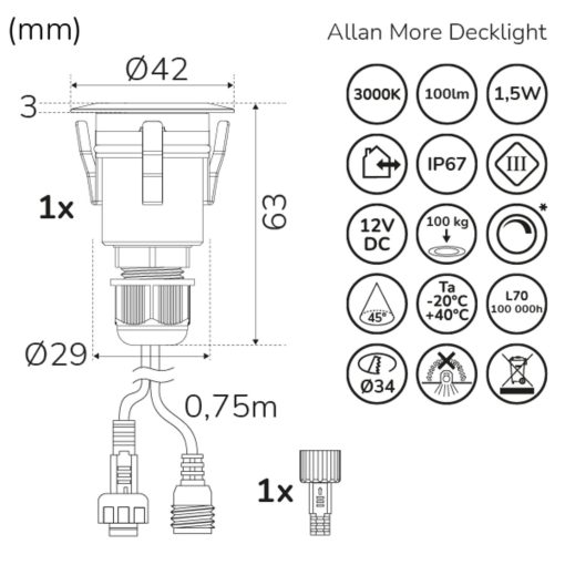 Allan More Decklight 1-pack 12V 3000K 100lm IP67 - Image 3