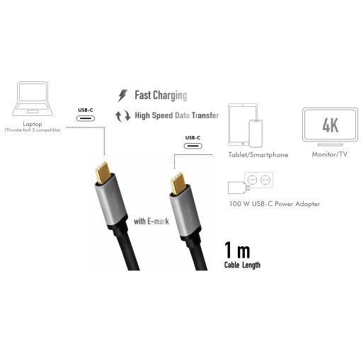 USB-C-kabel USB 3.2 Gen2 PD 3.0 100W 10Gbps 4K/60Hz Alu 1m - Image 3